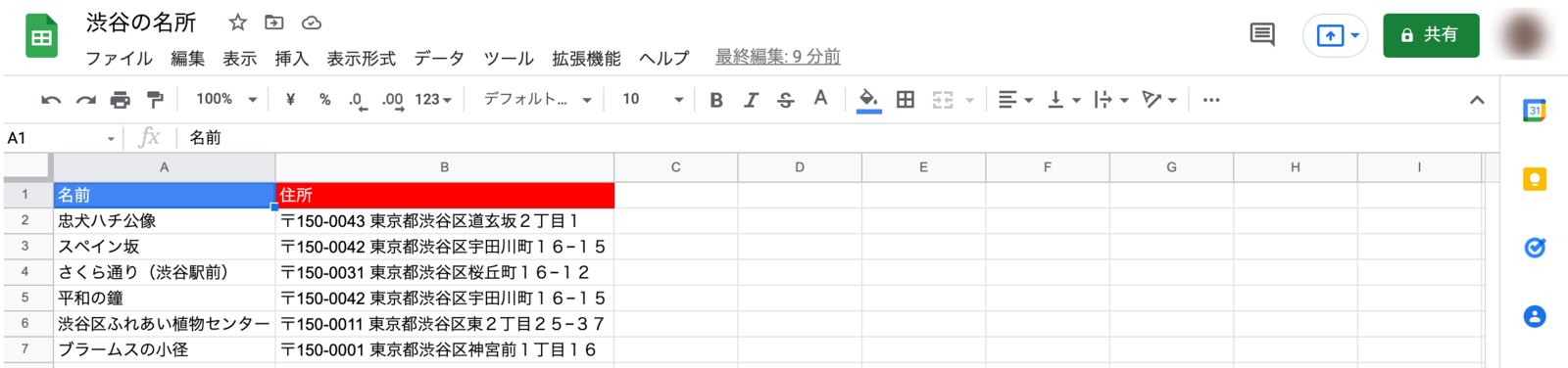 ▲Googleマイマップにインポートするデータをあらかじめ作成しておく:Google スプレッドシート Google スプレッドシートのGoogleマイマップにインポートするデータ例