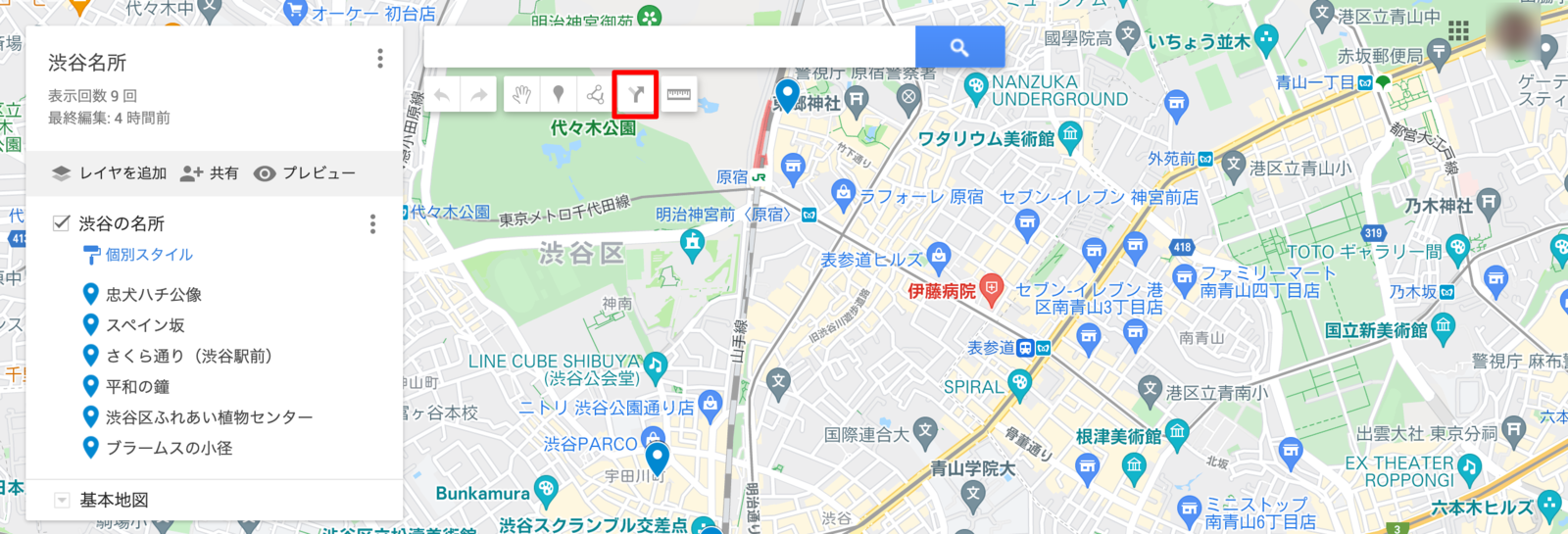 Googleマイマップで作成した地図にルートを追加する