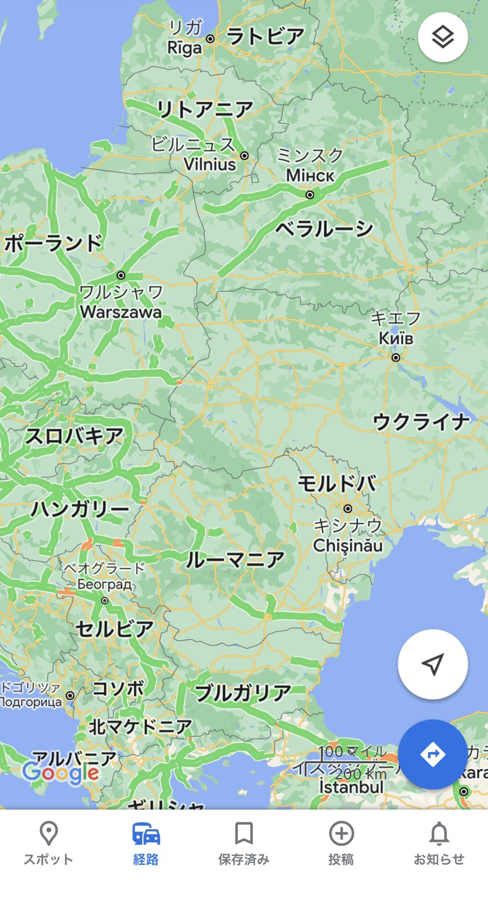 ▲ウクライナとその周囲の交通状況は表示されず Googleマップスクリーンショット