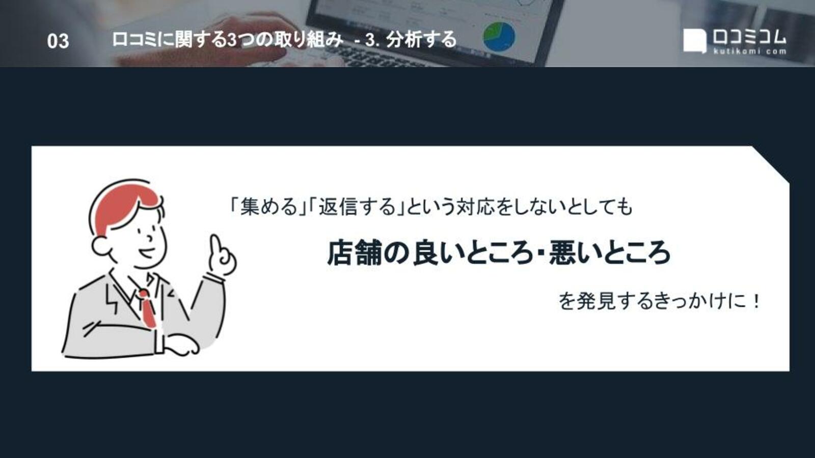 ▲口コミ対策のポイント③口コミを分析する:口コミコム 口コミ対策のポイント③口コミを分析する:口コミコム