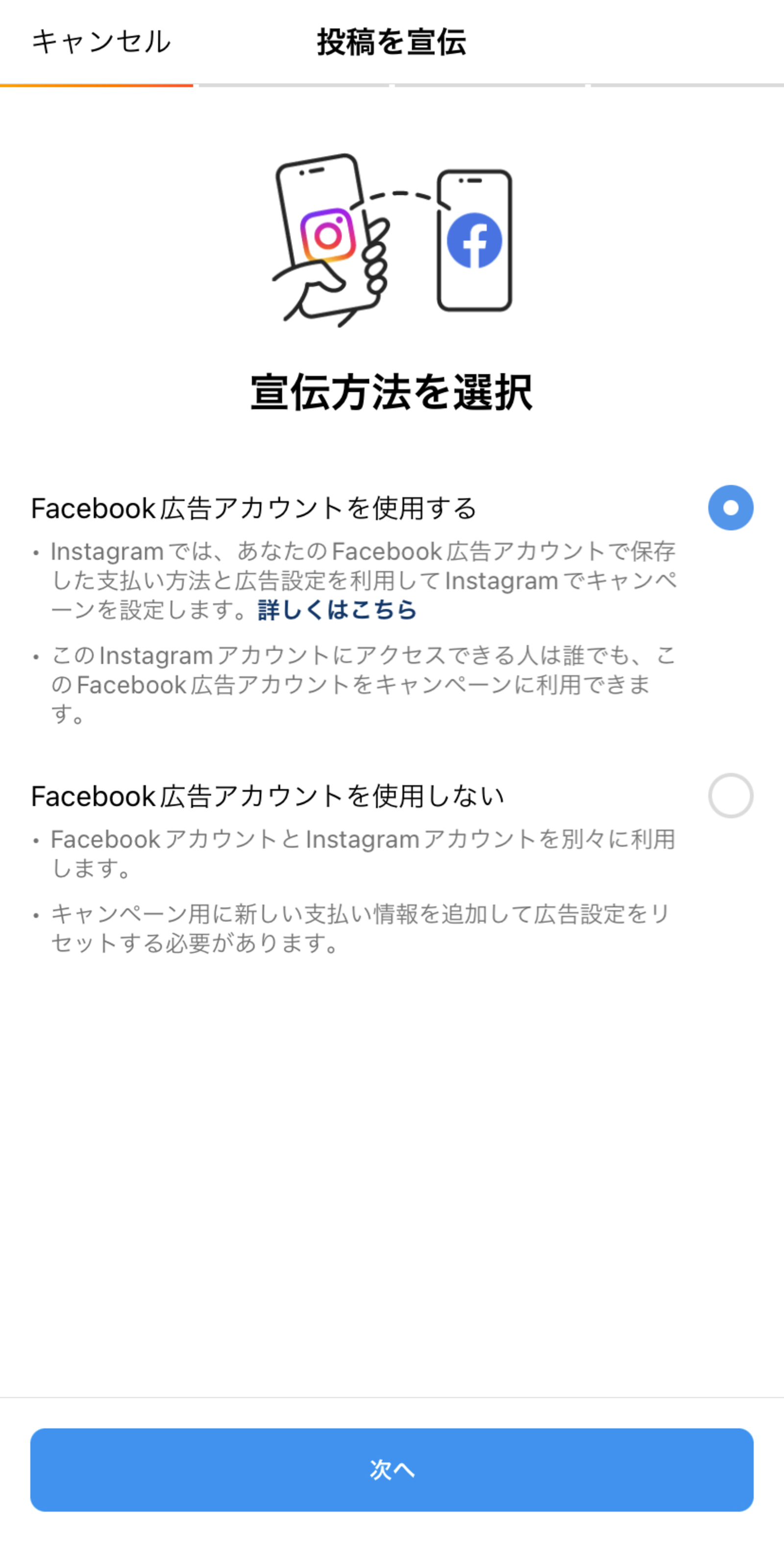 ▲広告の出稿手順:Instagramよりスクリーンショット Instagram広告の出し方