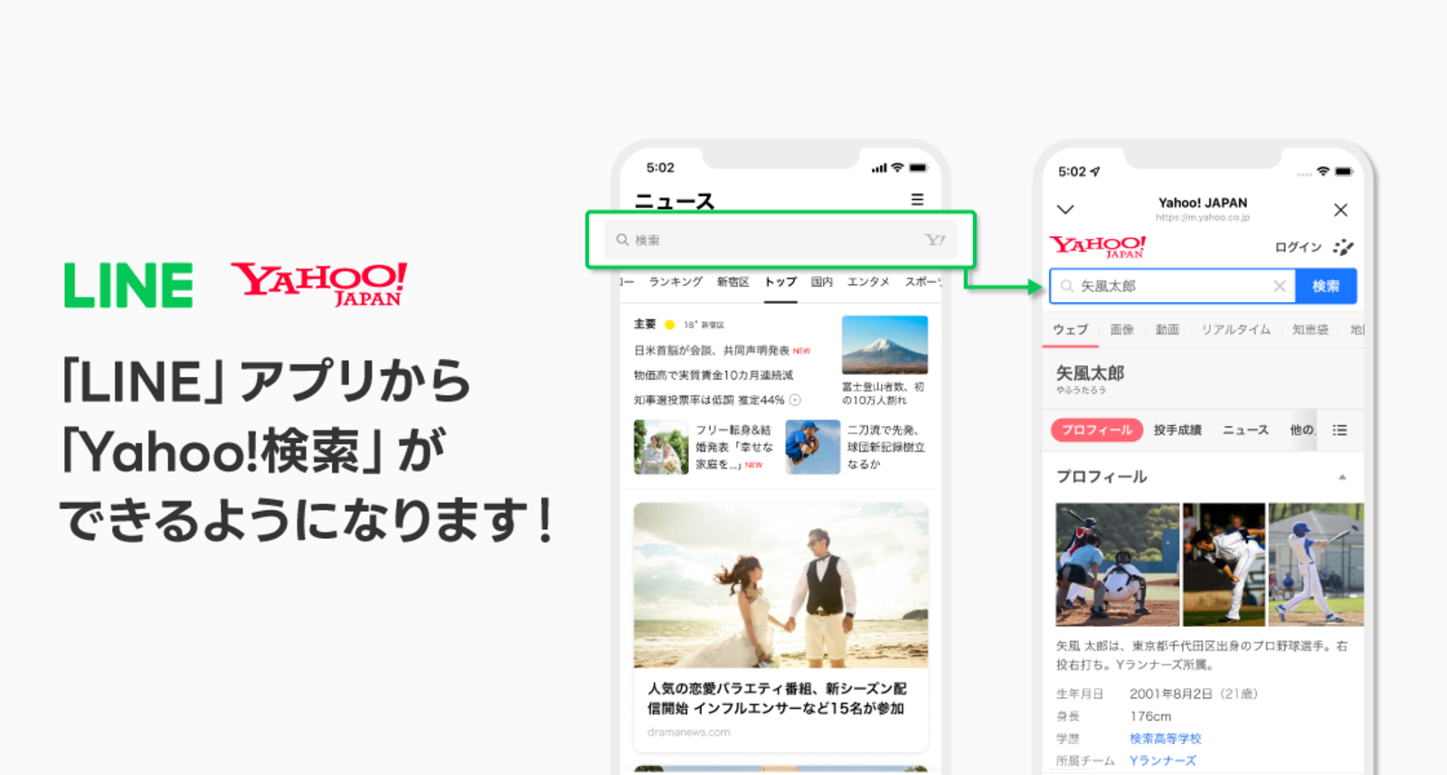 ▲LINEとヤフー、検索事業における連携を強化: LINE株式会社より LINEアプリ内のニュースタブからYahoo!検索ができるようになります。ニュースタブの検索窓からYahoo!検索にアクセスできるようになるため、LINEアプリを閉じる・開く作業が必要なくなります。