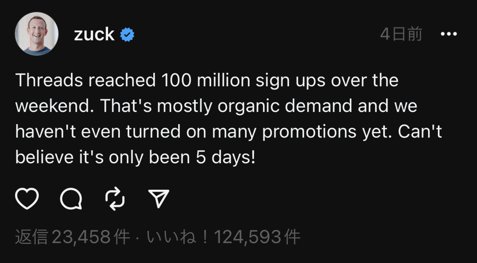 ▲メタのマーク・ザッカーバーグCEOは10日、「登録者数が1億人に到達した」と投稿した メタのマーク・ザッカーバーグCEOは10日、「登録者数が1億人に到達した」と投稿した