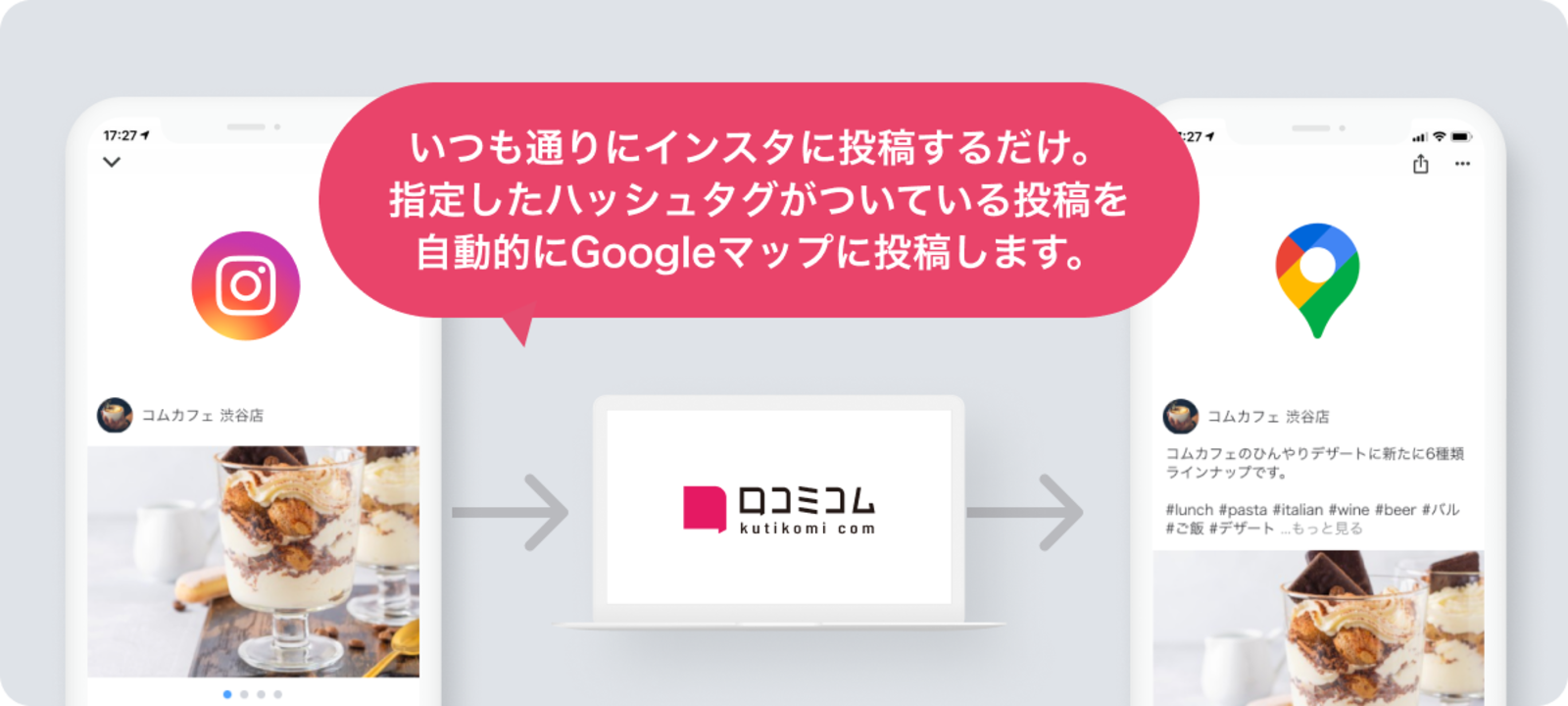 ▲Instagramで投稿するとGoogleマップ(Googleビジネスプロフィール)にも自動で投稿できる連携機能です。指定したハッシュタグがついている投稿のみ連携されるので、連携したい投稿を、ハッシュタグによって選別できます。 Instagramで投稿するとGoogleマップ(Googleビジネスプロフィール)にも自動で投稿できる連携機能です。指定したハッシュタグがついている投稿のみ連携されるので、連携したい投稿を、ハッシュタグによって選別できます。