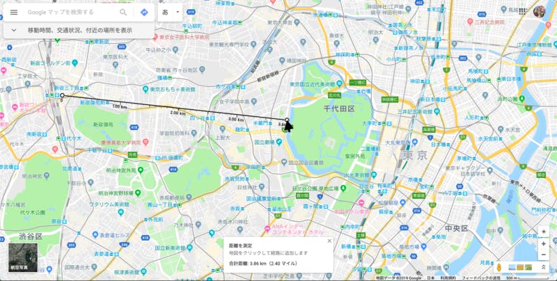 ウェブ版のGoogleマップで距離を測定する経路を指定する画面