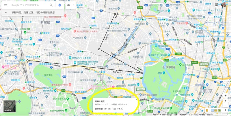 Googleマップに測定した距離が表示されている画面