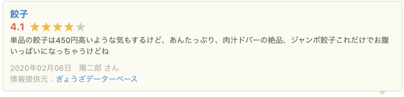 ▲Yahoo!ロコに掲載されたぎょうざデータベースの口コミ:口コミラボ編集部スクリーンショット Yahoo!ロコ ぎょうざデータベース 口コミ