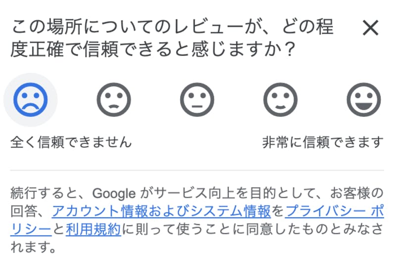 「この場所についてのレビューが、どの程度正確で信頼できると感じますか？」という質問