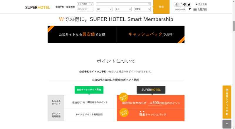 ▲スーパーホテル ポイント制度の仕組み:編集部スクリーンショット スーパーホテル ポイント制度の仕組み:編集部スクリーンショット