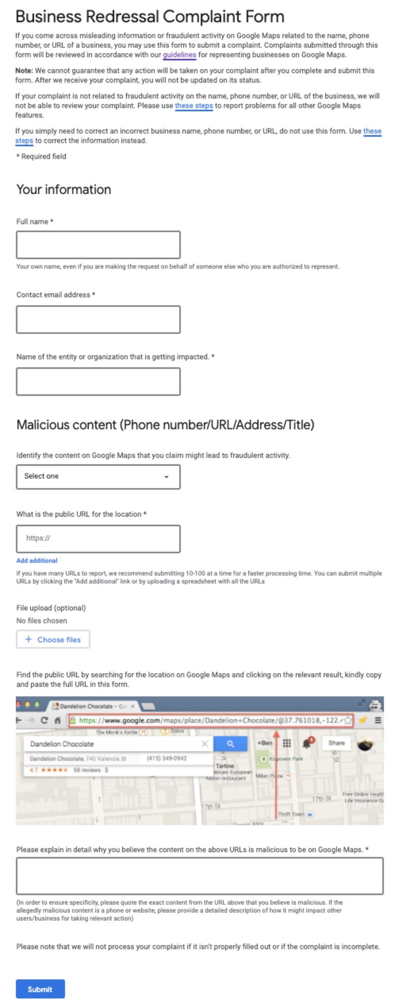 ▲Business Redressal Complaint Form:Google My Business Helpより Business Redressal Complaint Form