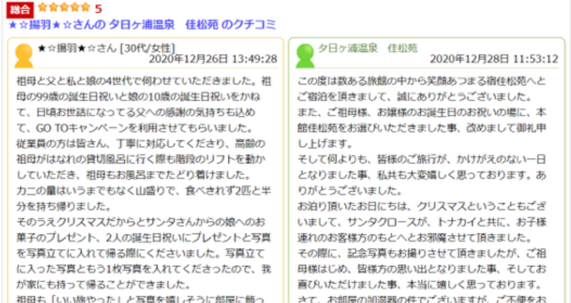 ▲楽天トラベルのクチコミ投稿例：編集部スクリーンショット