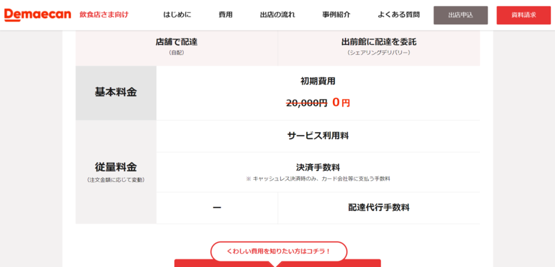 ▲出前館に出店する場合にかかる費用:編集部スクリーンショット 出前館に出店する場合にかかる費用