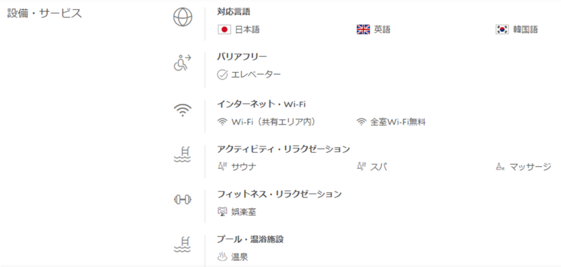 ▲agodaのサウナ カプセル ホテル 310施設ページの設備・サービス欄:編集部スクリーンショット agoda施設ページの設備・サービス欄
