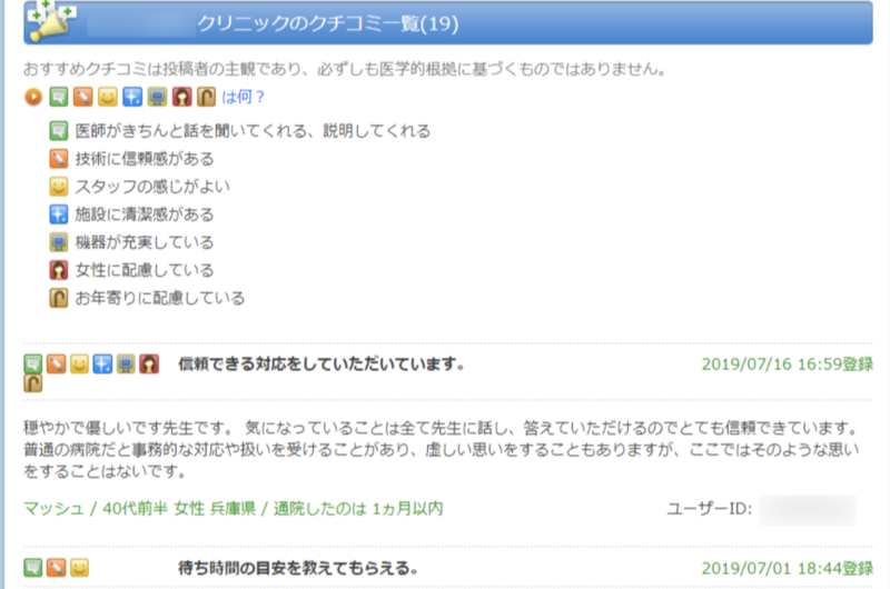 MyClinicの口コミ掲載一例