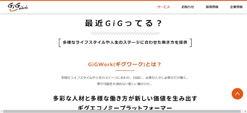 ギグワークに特化した応募サイト「Gig Works」のトップページ