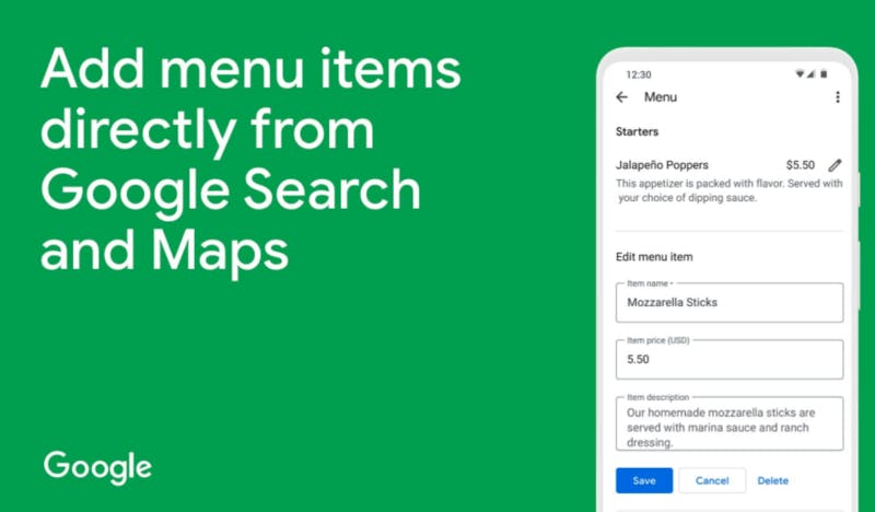 Google検索とGoogleマップから飲食店のメニューが編集できるように