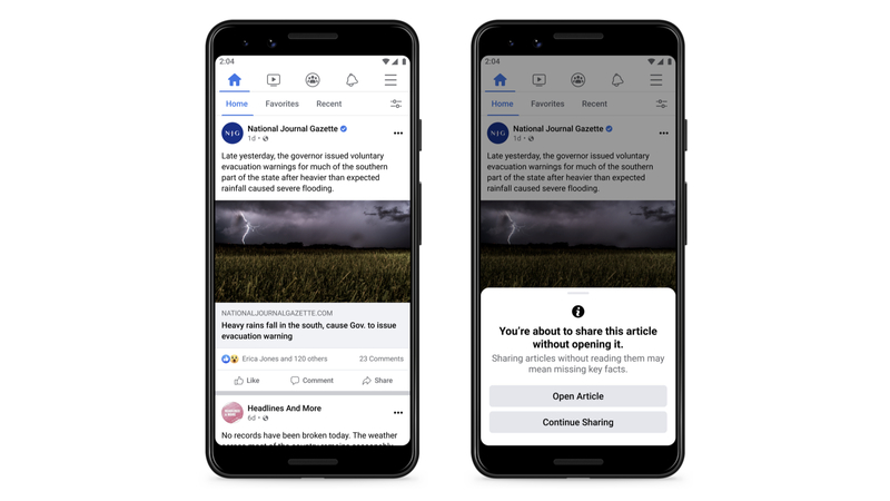 ▲記事を読む前にシェアしようとすると警告が表示されるように:Facebook NewsroomのTwitter投稿より 記事を読む前にシェアしようとすると警告が表示されるように