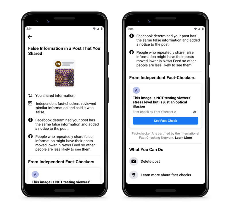 ▲誤った情報が含まれた投稿をシェアした際に表示される警告:Facebook Newsroomより 誤った情報が含まれた投稿をシェアした際に表示される警告