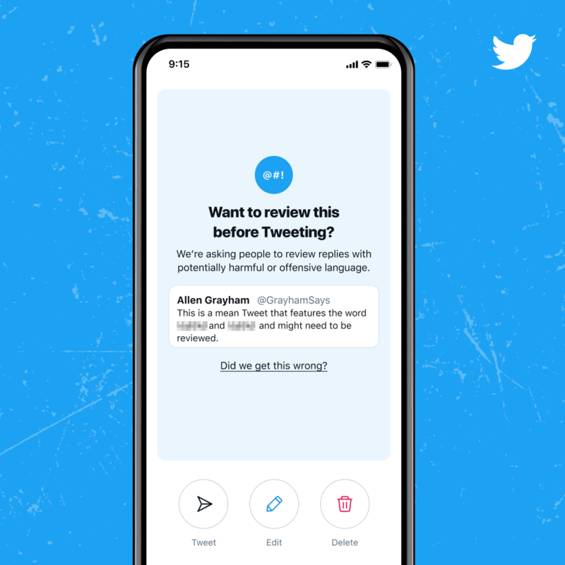 ▲攻撃的な文章を返信する前に警告を表示する機能:Twitter Blogより 攻撃的な文章を返信する前に警告を表示する機能