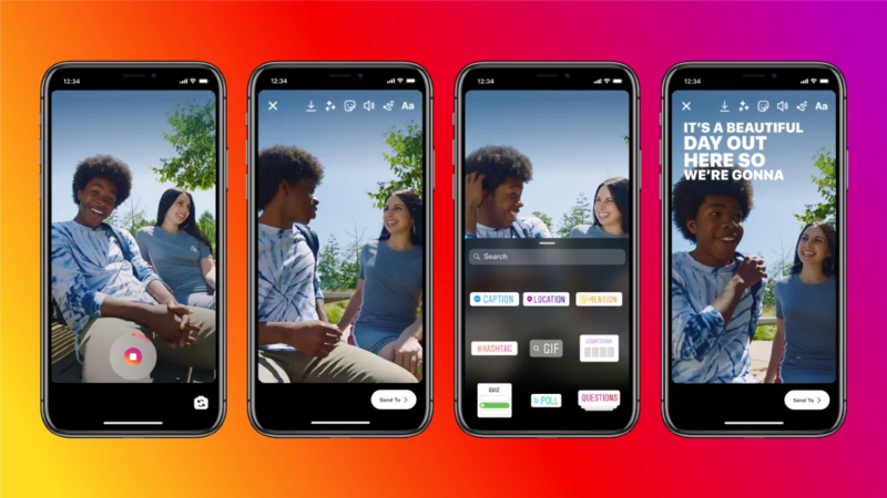 ▲ストーリーズの自動字幕機能:InstagramのTwitter投稿より ストーリーズの自動字幕機能