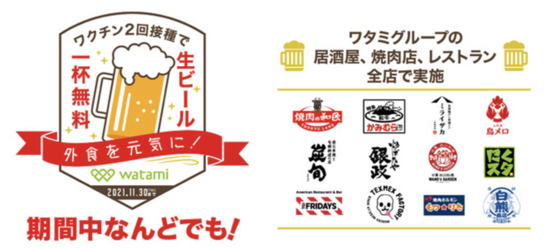 ワタミグループ全店 新型コロナワクチン２回接種で生ビール一杯無料