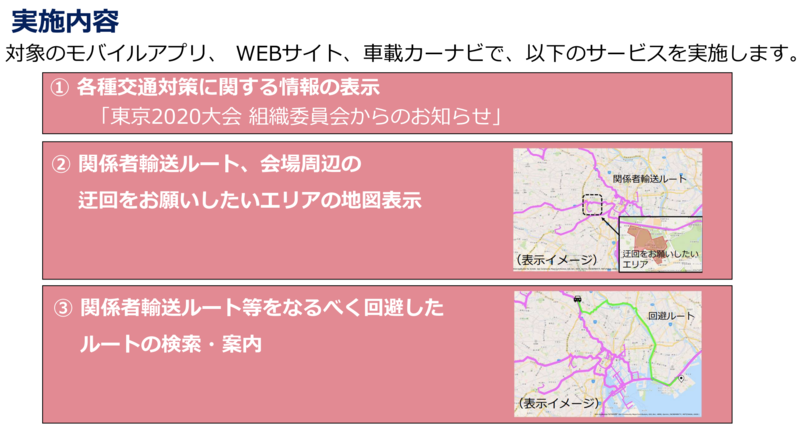▲大会組織委員会からのお知らせ/迂回エリアの地図表示/回避ルートの案内 の3つのサービスを実施:東京2020公式ウェブサイトリリースより 東京五輪 交通規制 Googleマップ