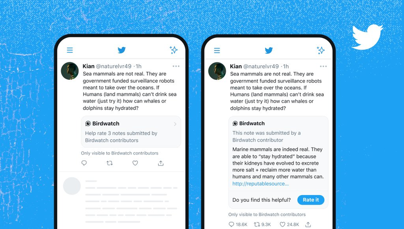 ▲Birdwatchの注釈がツイートに表示される:Birdwatchの投稿より Birdwatchの注釈がツイートに表示される