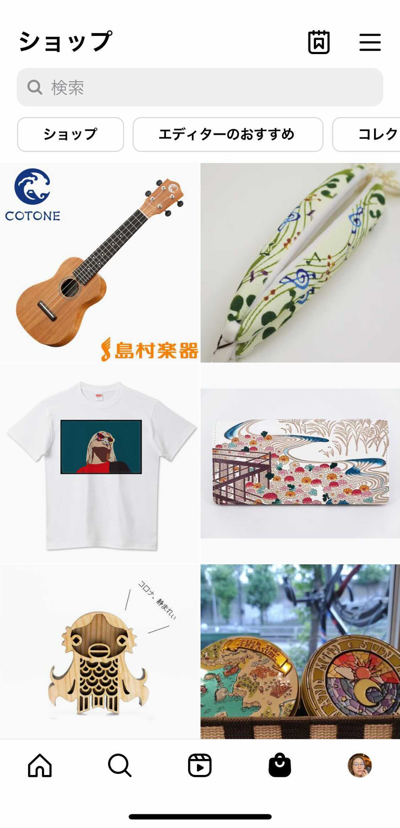▲Instagramでユーザーがショッピングタブを開いた時の画面の例:編集部スクリーンショット Instagramの一般的なショッピングタブを開いた時の画面表示