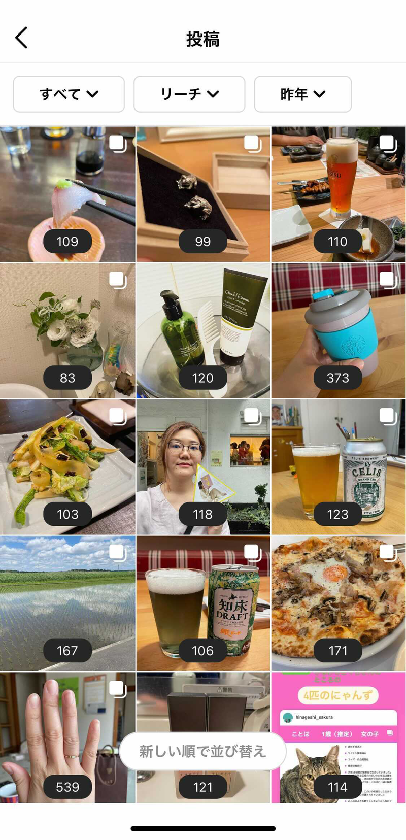 ▲インサイトのコンテンツ(投稿):Instagram Instagramのコンテンツ(投稿)のインサイト