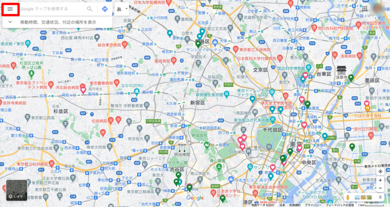 ▲左上の「≡」から呼び出す:Googleマップ リストはGoogleマップ左上の「≡」から呼び出す