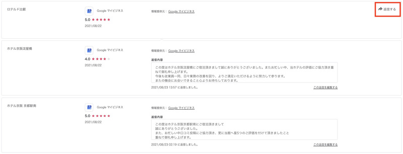 ▲口コミコムなら、Googleマイビジネスの口コミ・写真が一覧に。口コミへの返信や不適切な写真の削除依頼など、管理がカンタンになります。 ▲口コミコムなら、Googleマイビジネスの口コミ・写真が一覧に。口コミへの返信や不適切な写真の削除依頼など、管理がカンタンになります。
