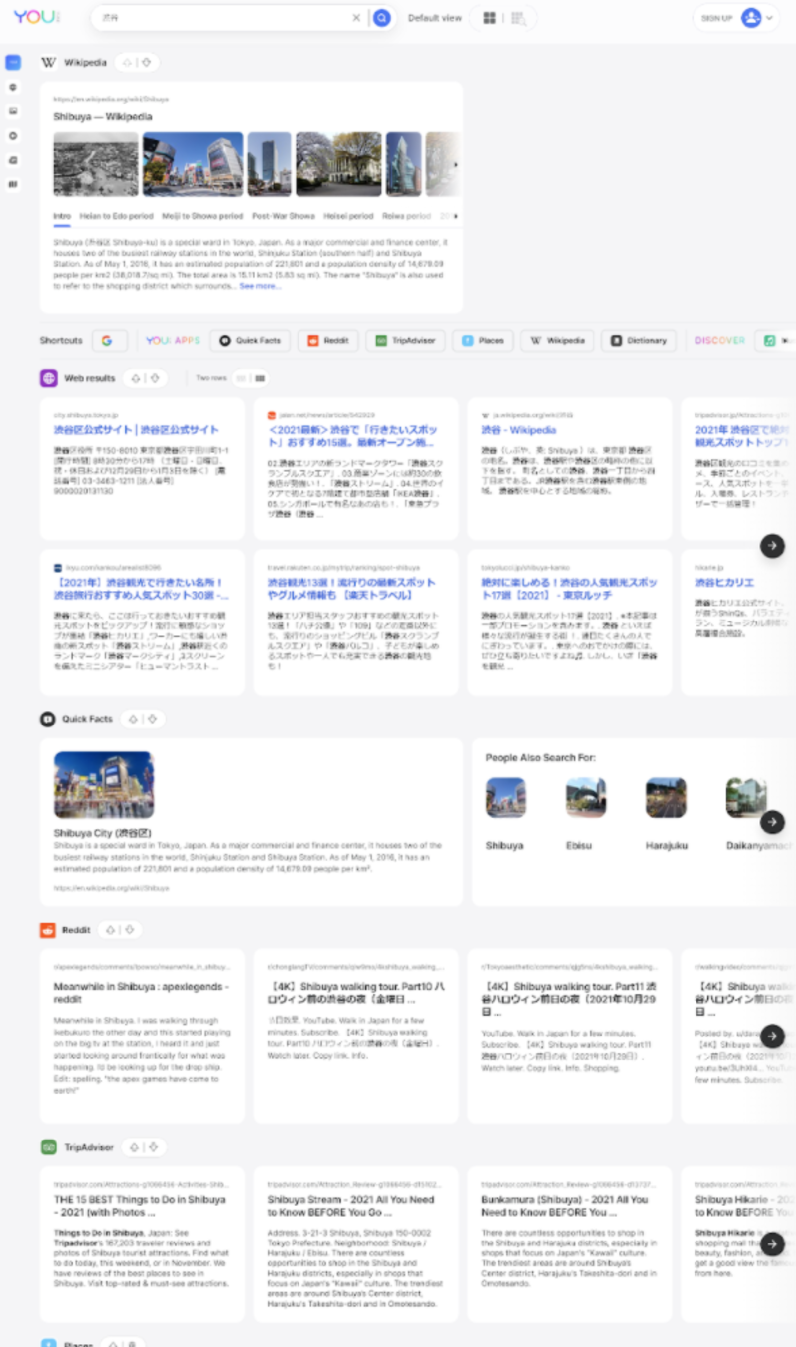 ▲「渋谷」を検索ワードとしてyou.comに入力した場合の検索結果:編集部スクリーンショット you.comとは